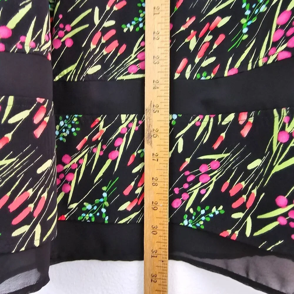 American Vintage Floral Garden Midi Skirt Sz 12 Black Pink Trim Casual Work Boho